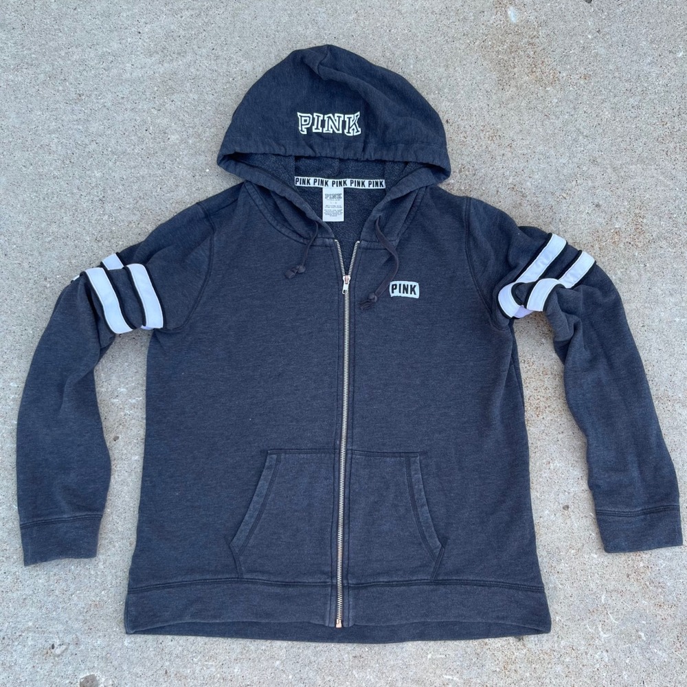Victoria's Secret PINK Full Zip Hoodie Charcoal Gray Varsity Stripe Large